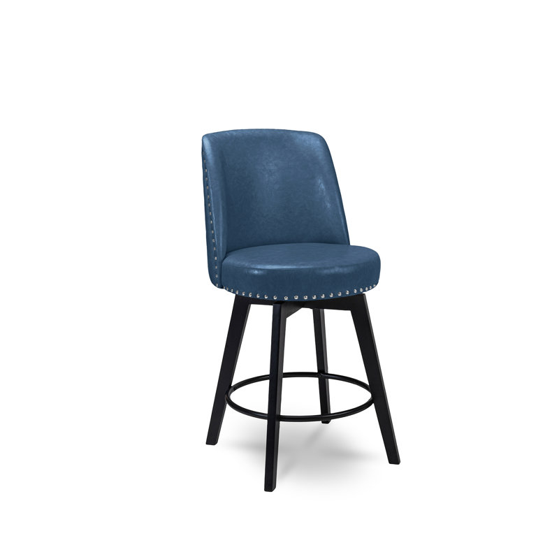 Navy Swivel Upholstered Counter Stools with Nailhead Trim, Set of 2