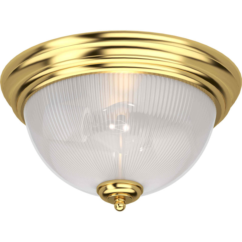 2-Light 13"W Indoor Round Polished Brass Flush Mount with Clear Ribbed Glass, Polished Brass
