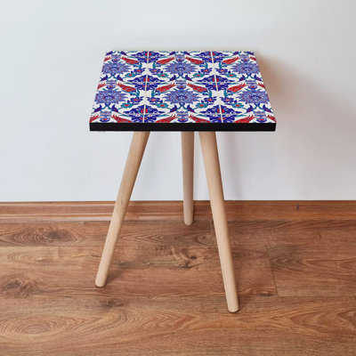 Table d'appoint géométrique bleu marine avec pieds en bois de hêtre, 13,8 po x 16,5 po x 13,8 po | 100% panneau de fibres à densité moyenne, épaisseur: 0,7 pouce | Design oriental moderne, parfait pour le salon ou la chambre à coucher, élégant et fonctionnel