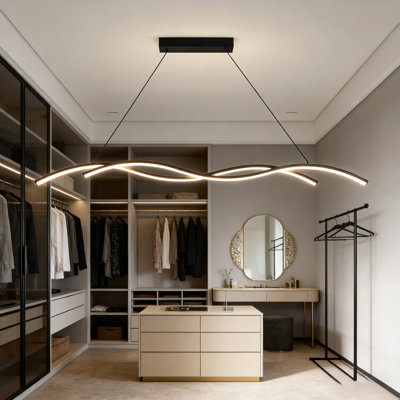 Modern Minimalist Wavy Linear Pendant Light, Eye-Care 3-Color Changing LED Lamp for Dining Table & Bar Counter