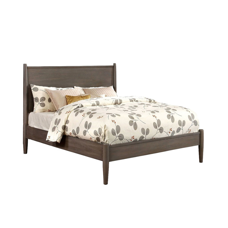 Lit plateforme gris Mid-Century moderne, structure en bois d'ingénierie, pieds fuselés ronds, ensemble de lattes, sommier sans sommier nécessaire pour la chambre à coucher