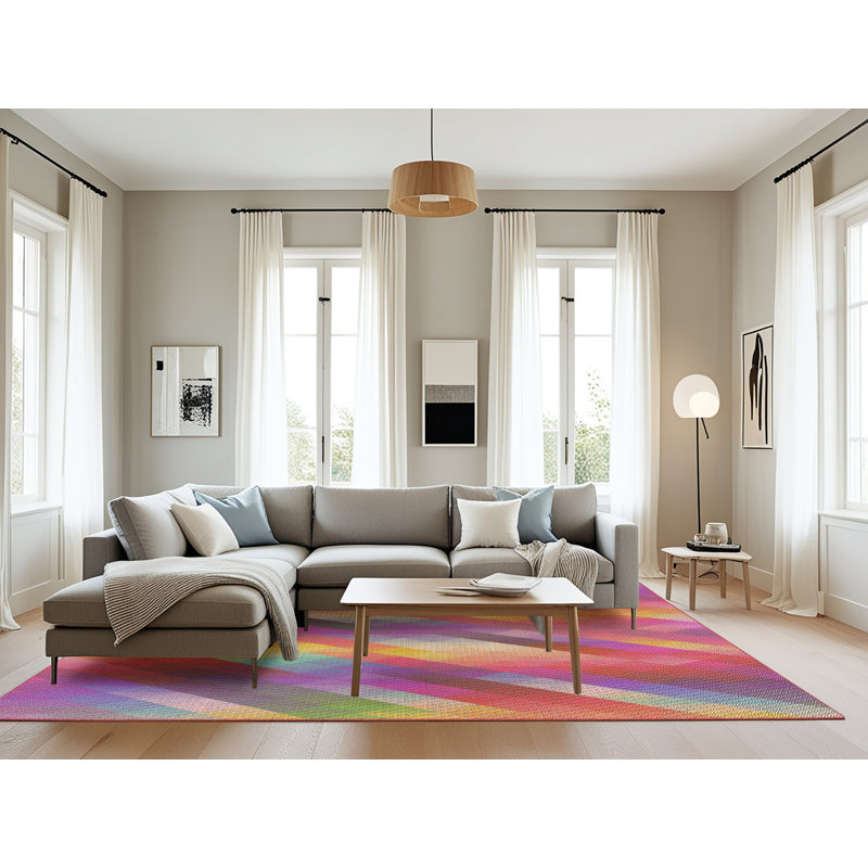 Tapis bleu/rose/jaune à motif, Rectangle 8 pi x 12 pi