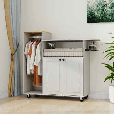 Antique White Wheeled Ironing Cart with Adjustable Closed Cabinet Shelves, Multi-Functional Laundry Storage Organizer