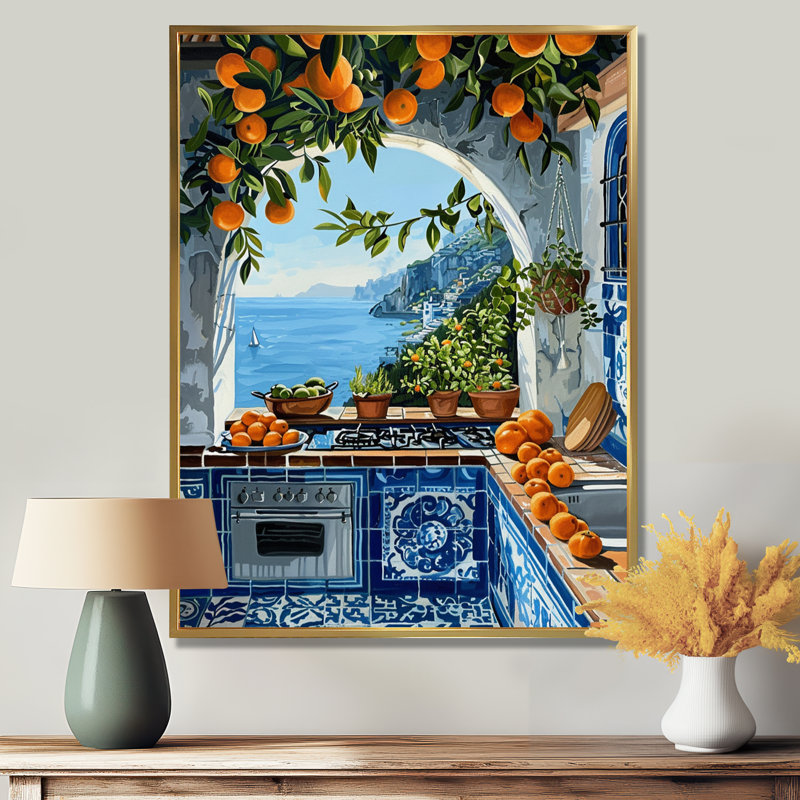 Fenêtre vue de la mer Méditerranée cuisine oranges II - cuisine murale art salon, Toile avec cadre flottant or