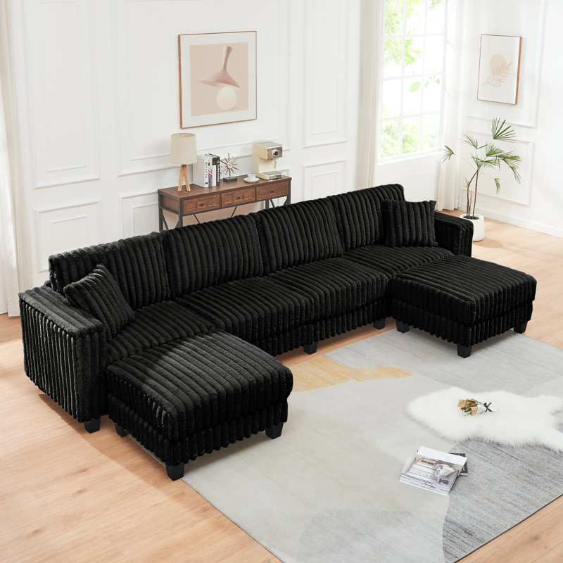 137" Faux Rabbit Fur Sectional Sofa With Ottoman, Black