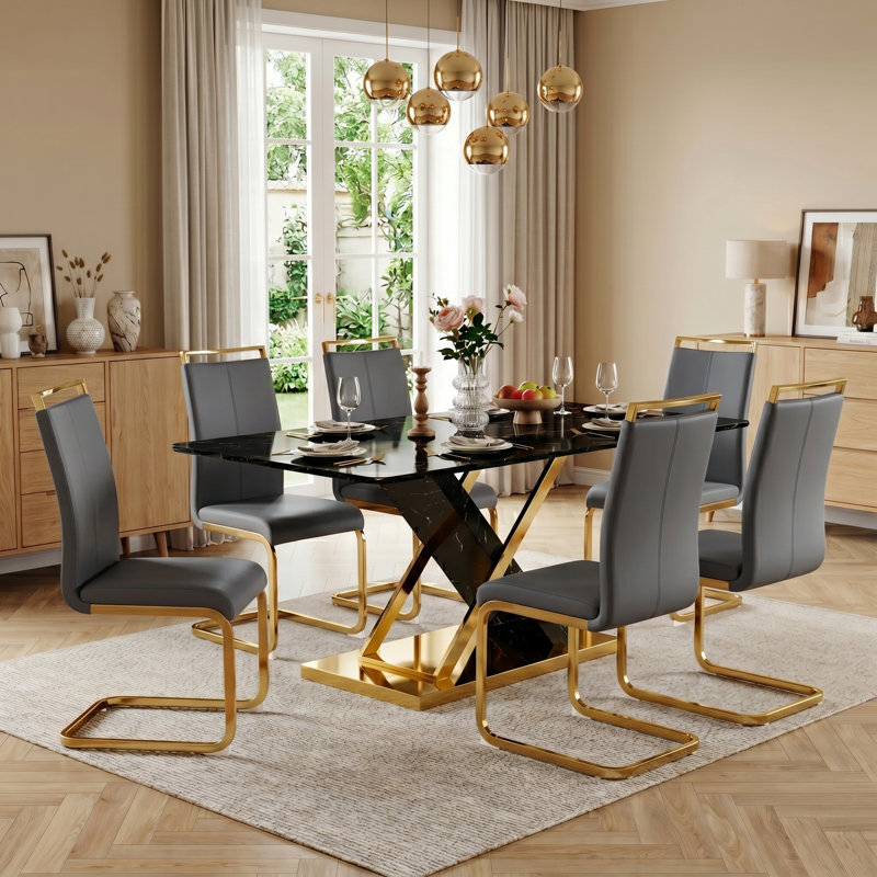 7-Piece Modern Rectangular Faux Marble Tempered Glass Dining Set with Faux Leather C-Shaped Chairs, 7 Pieces: Table, 6 Chairs