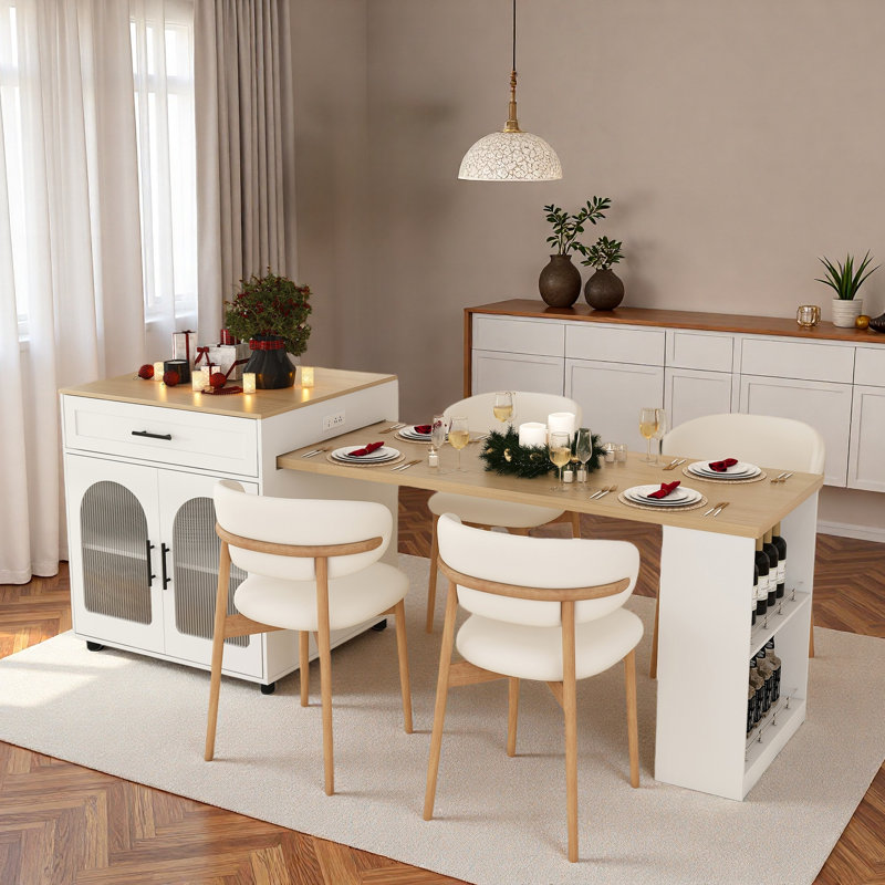 Expandable Kitchen Island With Dining Table, Power Outlet, 2 Drawers, Open Shelves And Movable Wheels