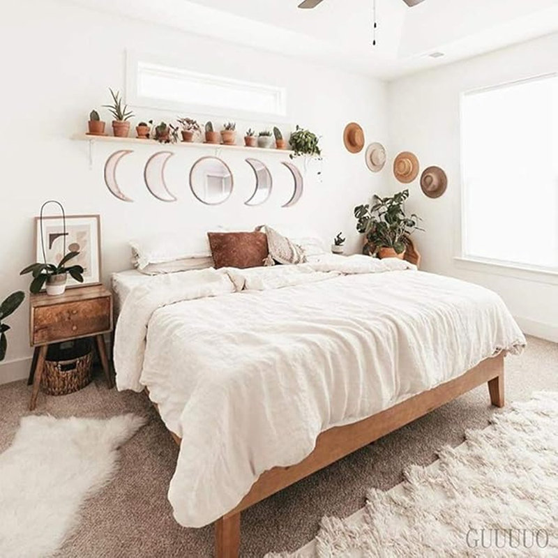 5 Pieces Scandinavian Natural Decor Acrylic Wall Decorative Mirror Interior Design Wooden Moon Phase Mirror Bohemian Wall Decoration For Home Living Room Bedroom Decor - Acrylic,not Real Mirror(beige)
