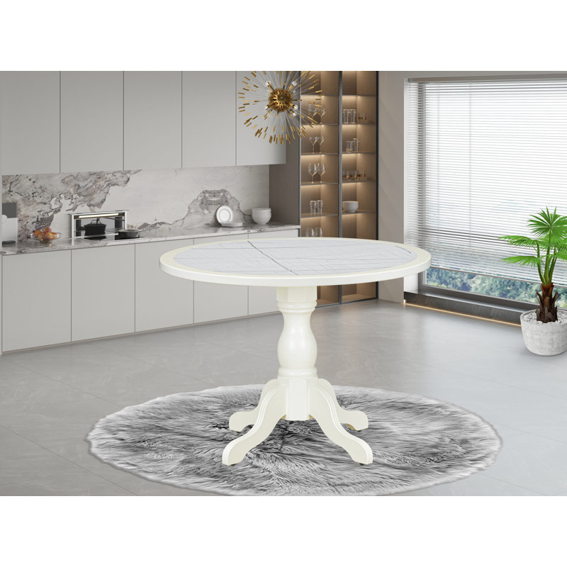 A Round Modern Kitchen Table with Lattice Marble Pattern tabletop, Linen White Finish, Linen White