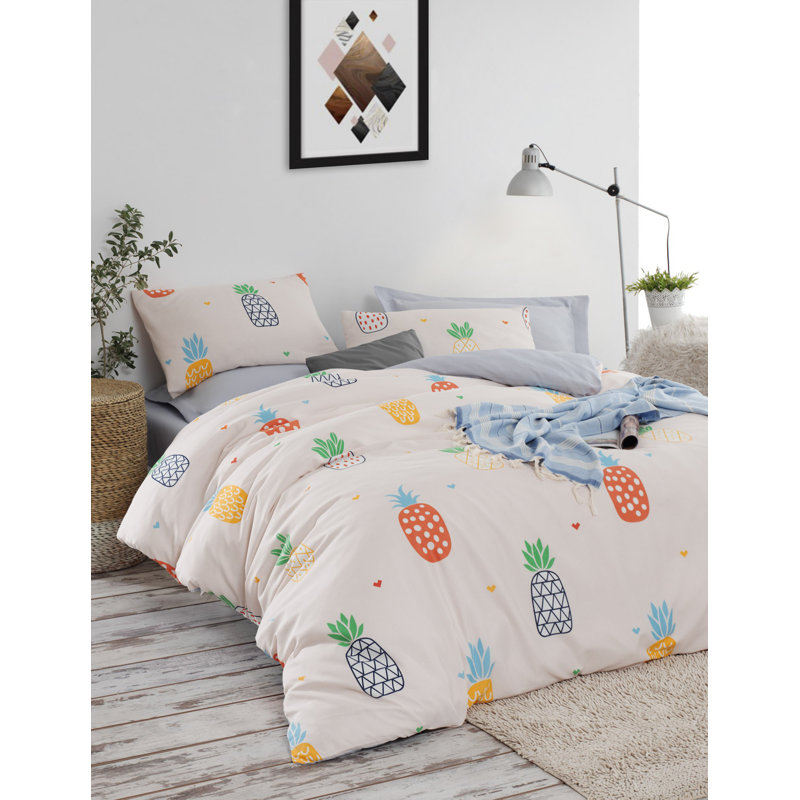 Ensemble de housse de couette en mélange de coton ivoire / bleu / orange / vert / noir Lovino