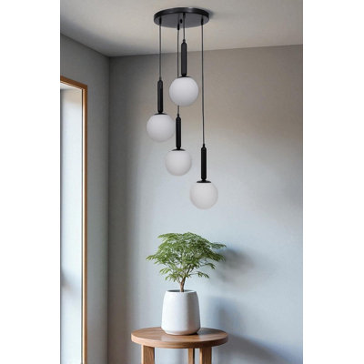 Lustre réglable Elegant, structure en métal avec capuchon en verre, 11,8 po x 5,9 po | Compatible avec 4 ampoules E27 (40 W maximum) | Design moderne blanc et noir, classé IP20, pour la salle à manger et les espaces de vie