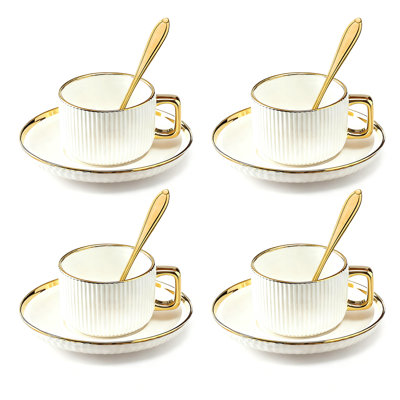 Cappuccino Cups Set of 4, 7oz Espresso Cups Set with Saucers and Spoons, Gold Trim Ceramic Coffee Tea Cups for Latte, Mocha, Au Lait, Dishwasher & Microwave Safe, Art Deco (Gold Striped/200ml)