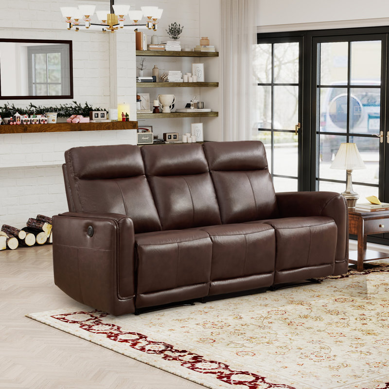 82"Wide Modern Skin-friendly Genuine Leather Power Reclining Sofa with USB & Type-C, Espresso Brown