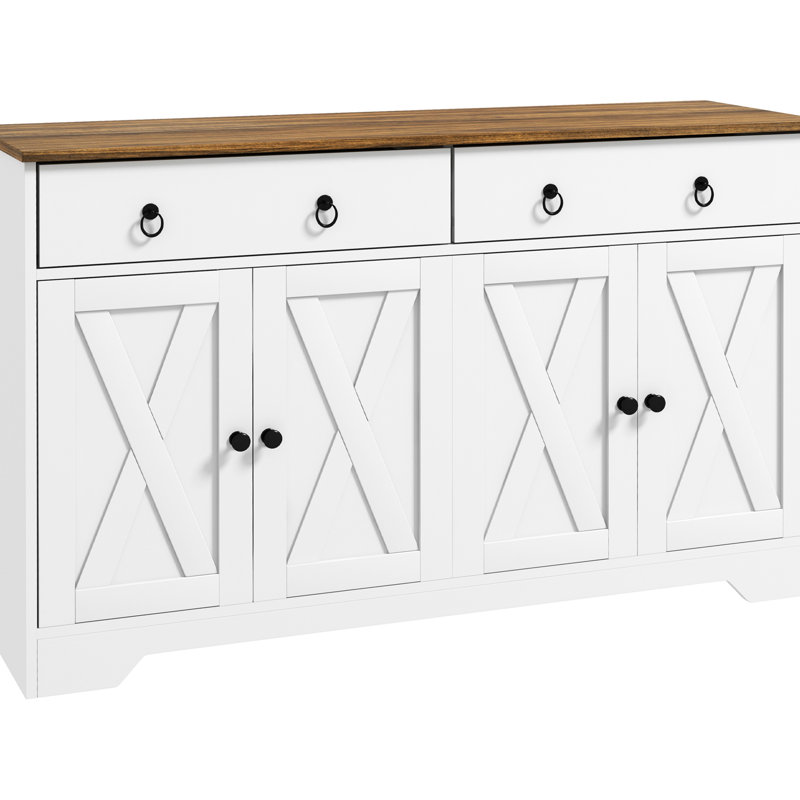 Buffet, 2 tiroirs, armoires de rangement, 4 portes, tablettes réglables, plateau en grain de bois blanc, buffet pour avec buffet