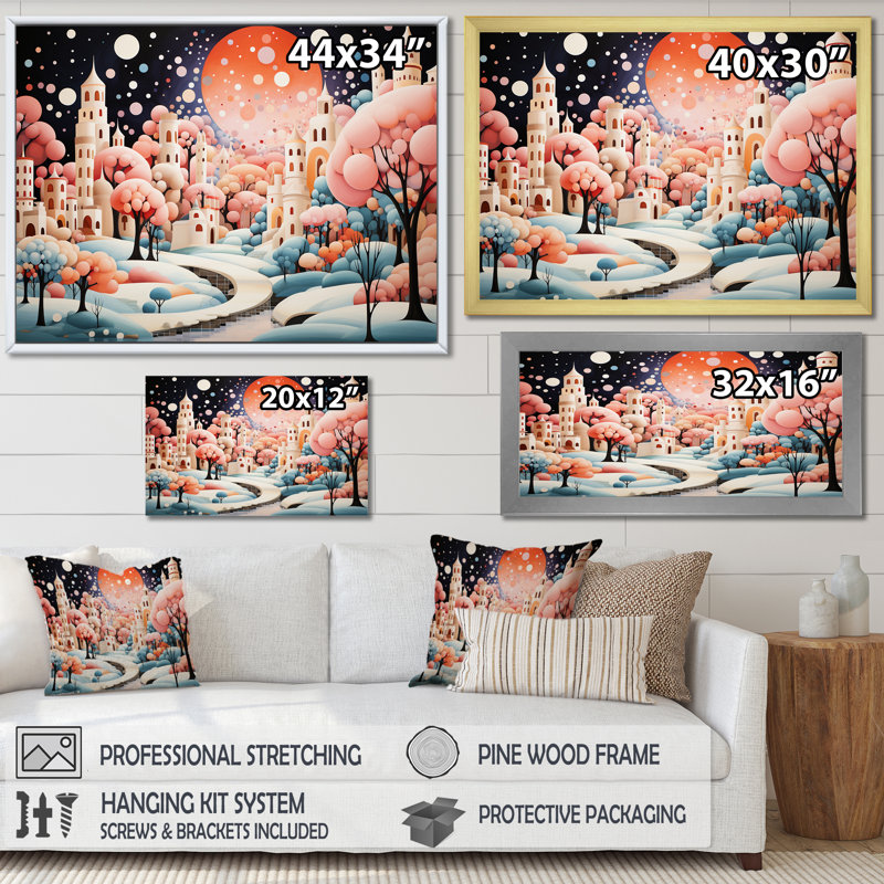 Rose, paysage urbain Art déco - Art mural déco ville, Toile tendue, H 12 po x l 20 po x P 1 po