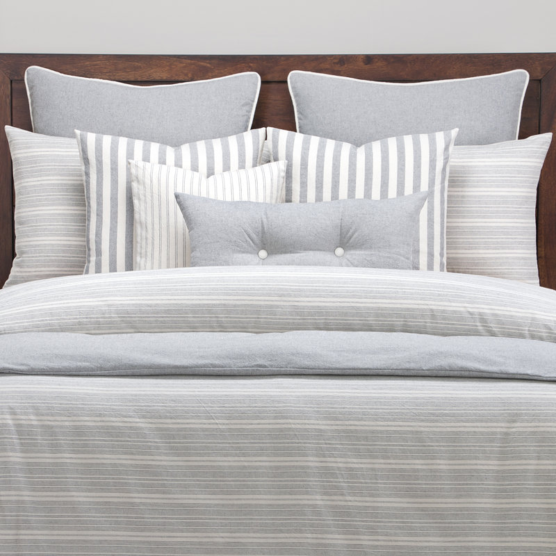 Cottage Pewter Farmhouse / Country Cotton Blend Striped Duvet Cover & Insert, California King