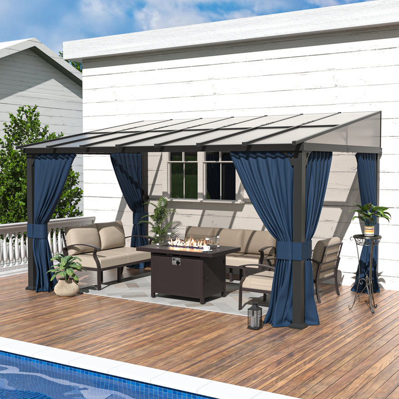 Pavillon de jardin à toit rigide de 10 pi x 14 pi avec toit incliné en polycarbonate, structure en fer robuste, rideaux d'intimité et filet