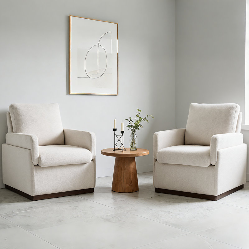 Boucle  Upholstered Accent Chair Wing Back Armchair With Solid Wood Base, White