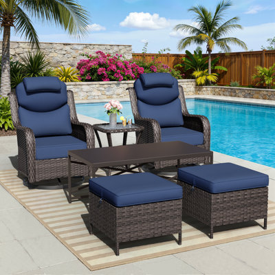Adcox 2-Person Outdoor PE Wicker Patio Furniture Set with Swivel Chairs,Headrest Pillows,Ottomans,Tables & Blue Cushions