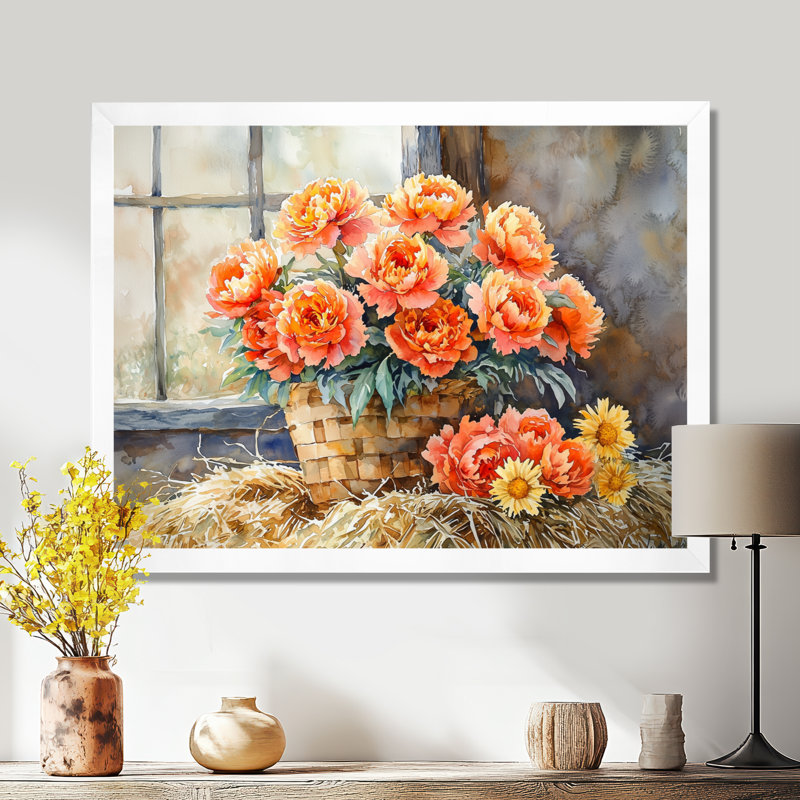 Moisson d'automne pivoines à la grange I - pivoines, art mural, H 24 po x l 32 po, Reproduction encadrée, Blanc