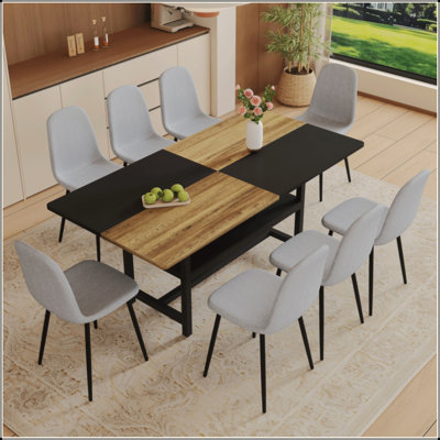 Ensemble table et chaises Ensemble de table de salle à manger en bois épissé de 71 x 35,4 pouces avec fonction de rangement au milieu des pieds de la table, jumelé à 8 chaises en tissu de lin.