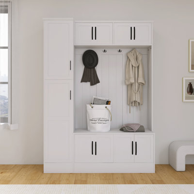 Modern Hall Tree With Shoe Storage, 4-In-1 Entryway Bench With 6 Cabinets, 4 Coat Hooks & Adjustable Shelf,White