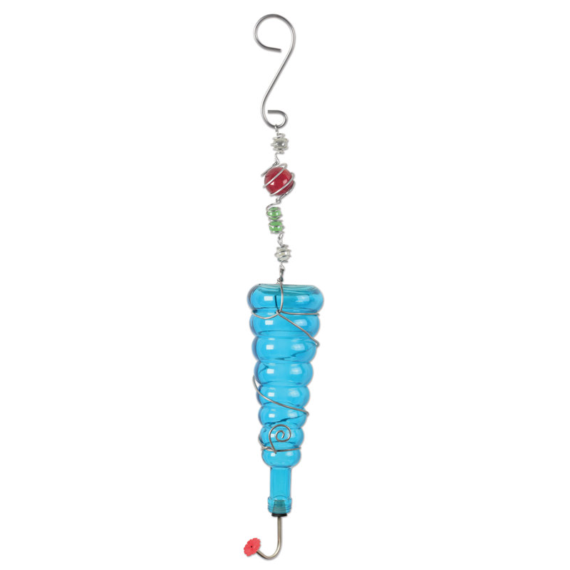 Blue Glass Hanging Hummingbird Feeder with Acrylic Beads