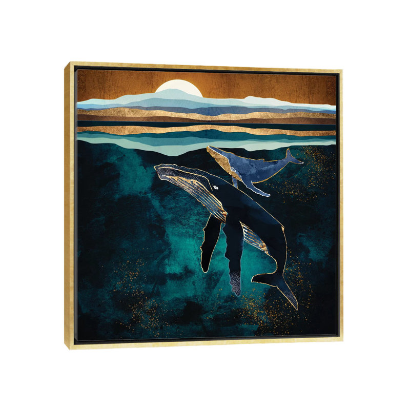 Moonlit Whales - impression d'art graphique, Aucun mat, H 18 po x l 18 po x 1,5 po, Toile encadrée d'or