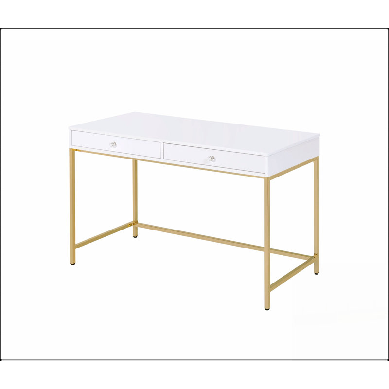 Bureau d'écriture rectangulaire Ottey avec plateau blanc brillant et pieds en métal doré