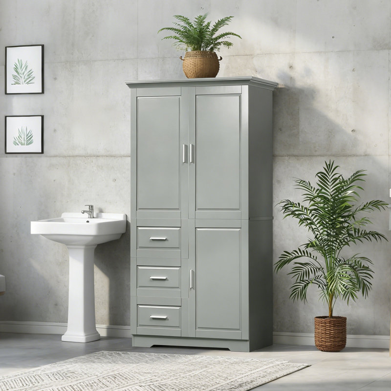 Armoire de rangement haute et spacieuse avec 3 tiroirs et portes - pour la salle de bain, le bureau ou la cuisine, Gris