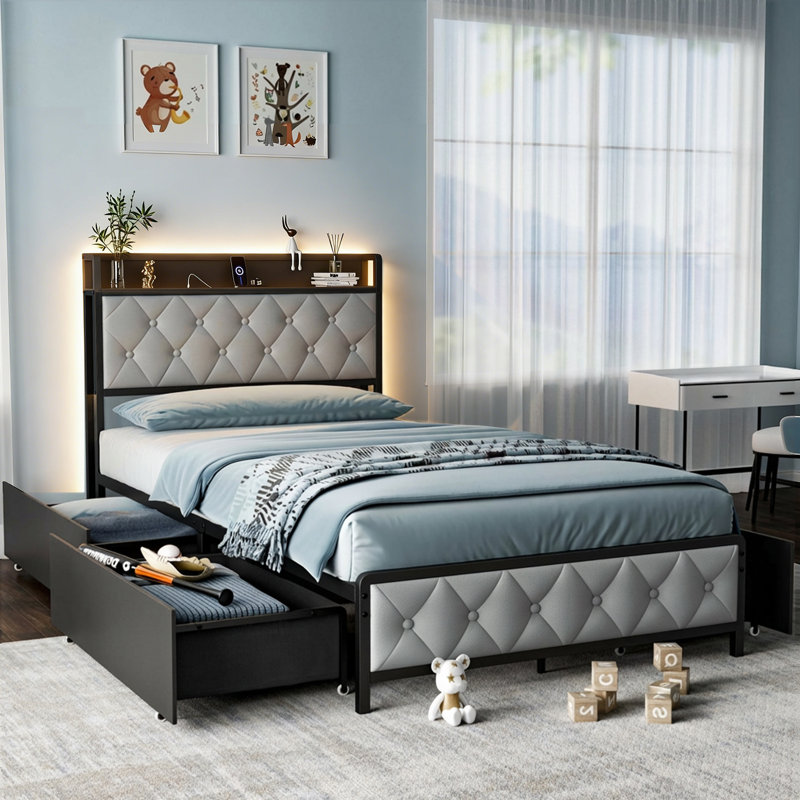 Twin Size Bed Frame with PU Leather and LED Light, Wooden Storage Headboard with 4 Drawers, 3-in-1 Charging Hub, Strong Metal Slats, No Box Spring Required