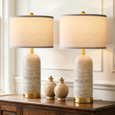 25" Travertine Table Lamp Set of 2, Touch Dimmable Bedside Lamps with USB-C Charging