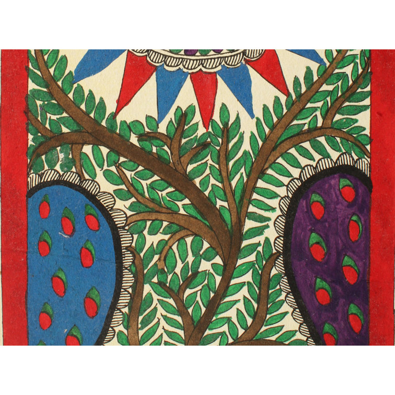 Le soleil avec des paons sur un arbre | Peinture Madhubani | Couleurs naturelles sur papier fait à la main