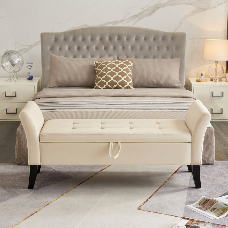 Banc 51,5 "en velours avec table de bout avec rangement intérieur - spacieux, Beige