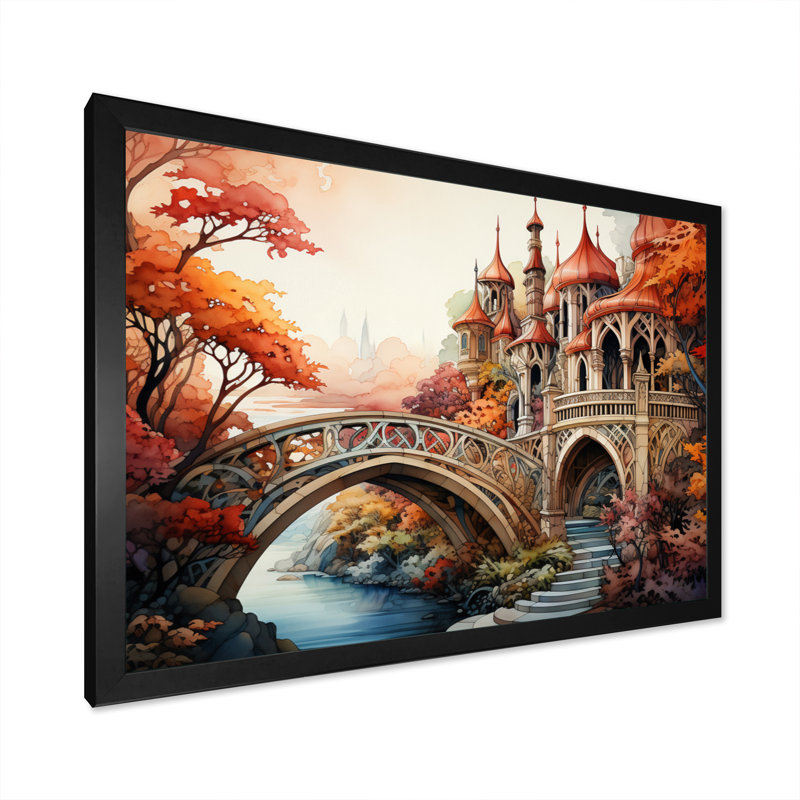 «Orange Bridge Whimsical Archway», reproduction sur toile encadrée, H 24 po x l 32 po x P 1 po, Cadre photo noir