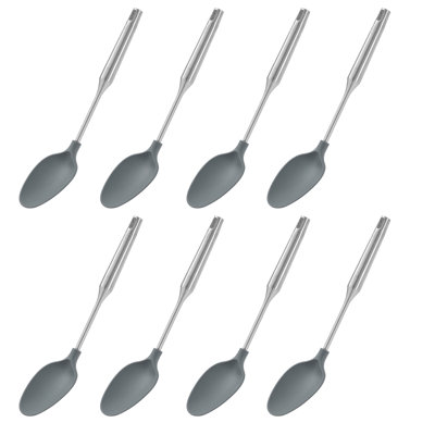 YBM Home Silicone Non-Stick Solid Cooking Serving Spoons, Heat-Resistant Plastic Kitchen Tools for Mixing, Frying, Serving, Draining, Turning, and Stirring, with Stainless Steel Handle, Grey, Pack of 8