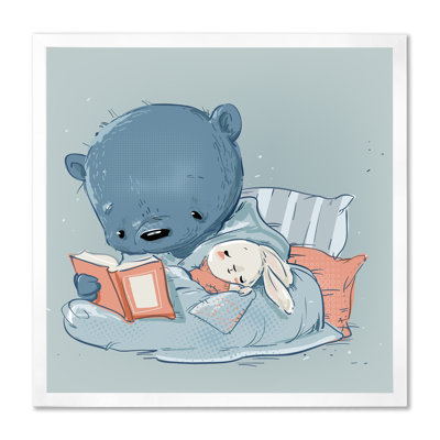 Joli dessin d'un ours en peluche avec un petit lièvre blanc - peinture sur toile