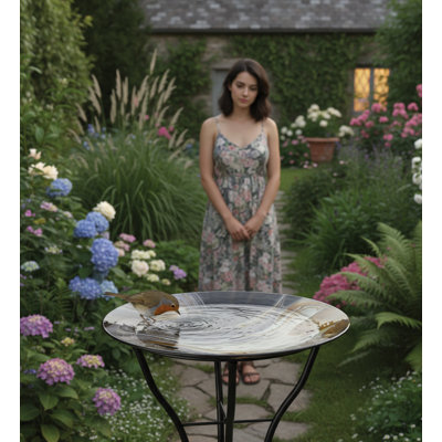 23" Glass Bird Bath with Abstract Swirl Design Bowl and Metal Stand