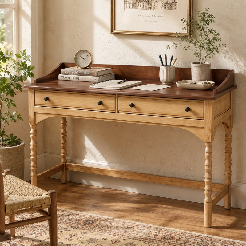 Bureau d'écriture moderne et organique de 137 cm (54 pouces) avec pieds tournés en forme de fuseau et bordure surélevée, bureau d'ordinateur élégant de style français pour la maison ou le bureau à domicile