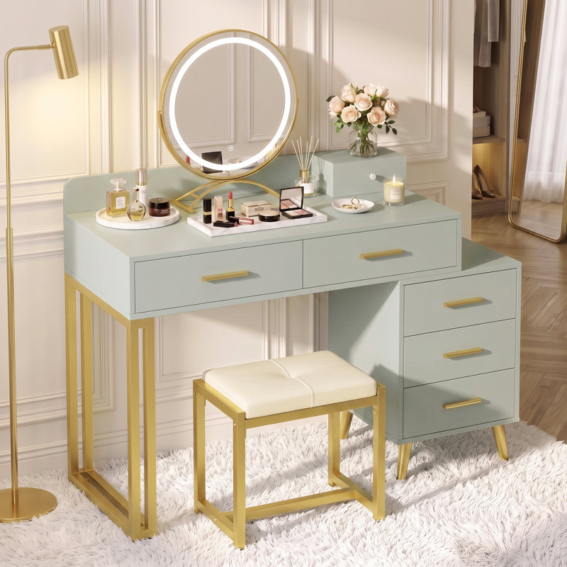 Meuble-lavabo avec miroir et tabouret Foivos, Vert