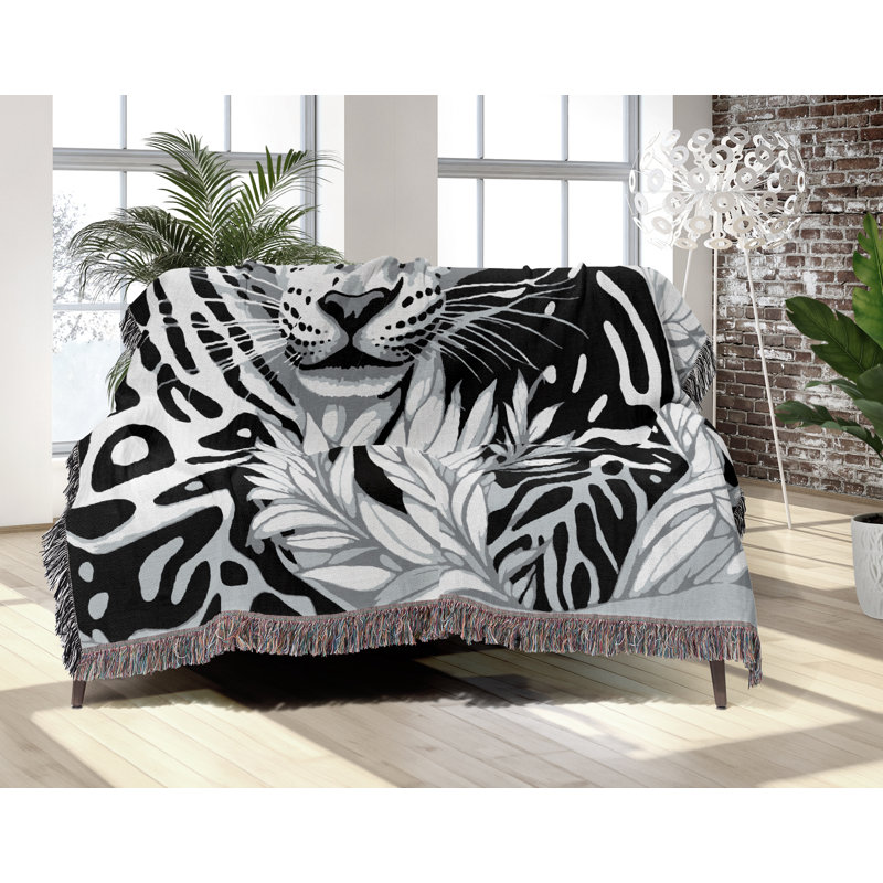Jeté en mélange de coton léopard Fiero, L 60 po x l 50 po, Noir / blanc cassé