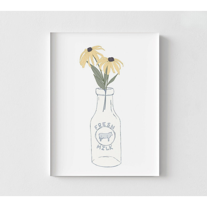 Fleurs de bouteille de lait, affiche de fleur jaune, impression d'illustration florale, décor délicat de style maison de campagne, œuvre de table de petit déjeuner