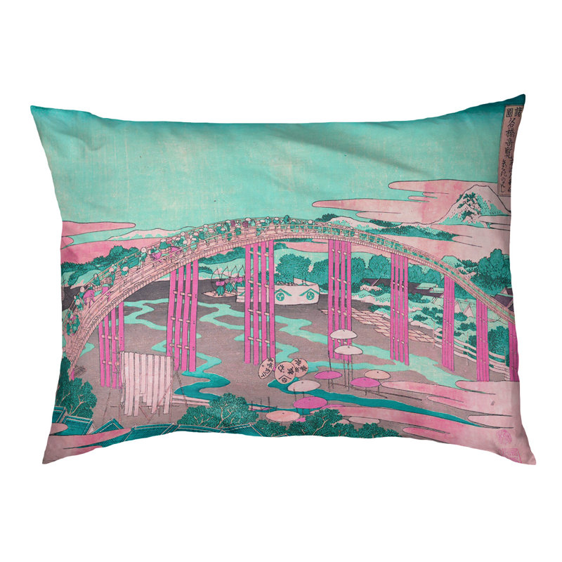 Coussin de conception japonaise bridge Burkart, L 19,5 po x l 29,5 po, Rose / sarcelle / noir