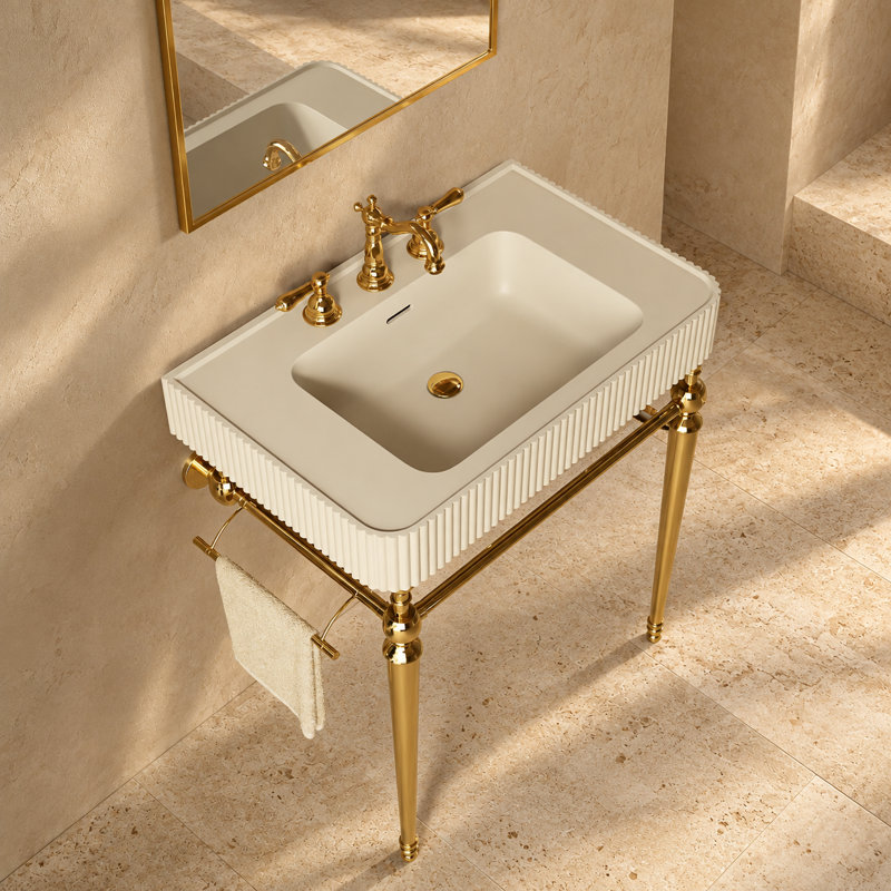Lavabo de console de salle de bain cannelé avec cuve intégrée à surface solide, pieds en métal rétro et barre à serviettes