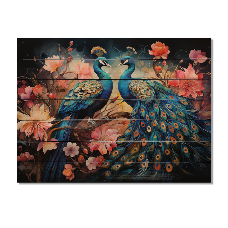«Blue Coral Indian Art Dancing Peacocks II», reproduction sur bois sans cadre, H 10 po x l 20 po x P 0,78 po