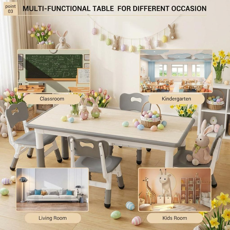 Kids 5 Piece Rectangular Play Or Activity Table and Chair Set, Grey