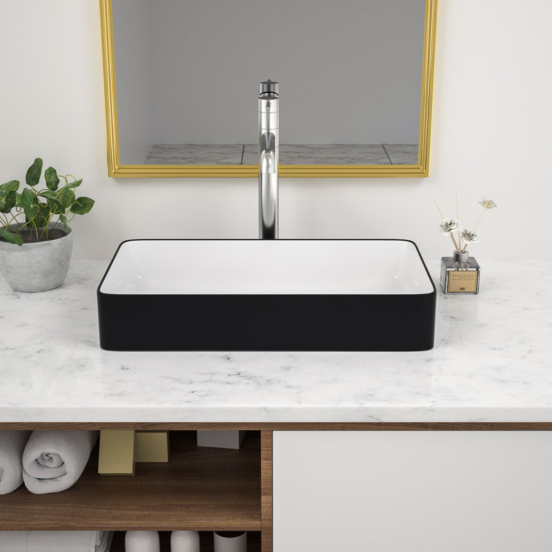 24" White Ceramic Rectangular Vessel Sink with Black Rim