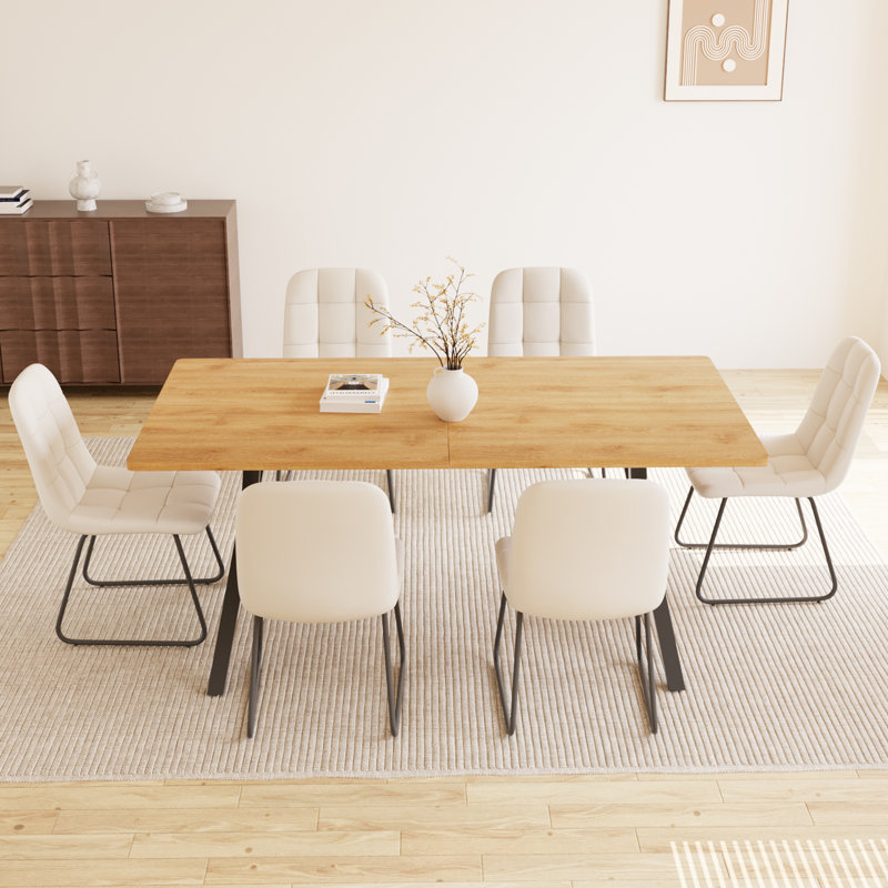 63" Modern Oak Dining Table Set For Small Spaces, 7-Piece Set With Rectangular Table & 6 Padded Leather Chairs, Compact, Sturdy & Easy To Assemble