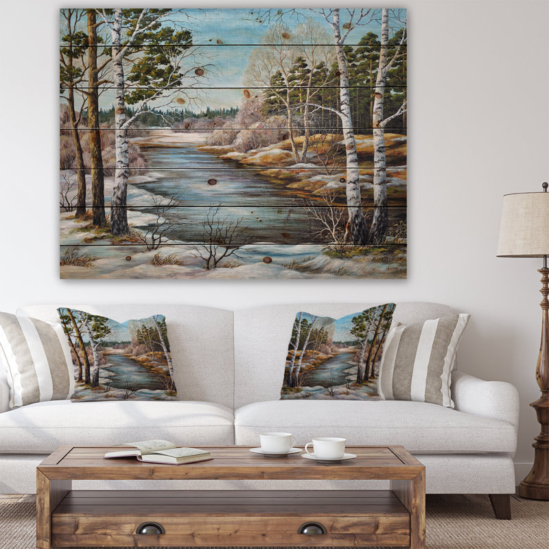 Schafer «The Spring Siberian River», peinture, H 15 po x l 20 po x P 1 po, Bois naturel