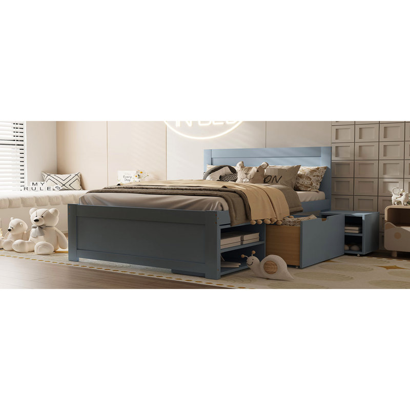 Lit plateforme gris avec tiroirs et deux tablettes - Solution de rangement solide et pratique pour les tablettes pleine grandeur, rehaussant le confort de votre chambre à coucher